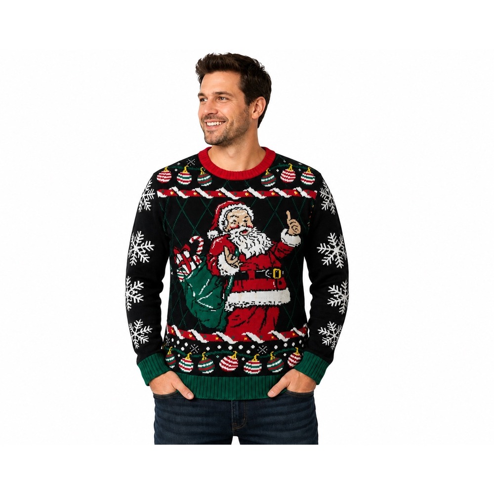 Ugly Holiday Christmas Sweater Men's Medium Santa Ornaments Snowflakes Black